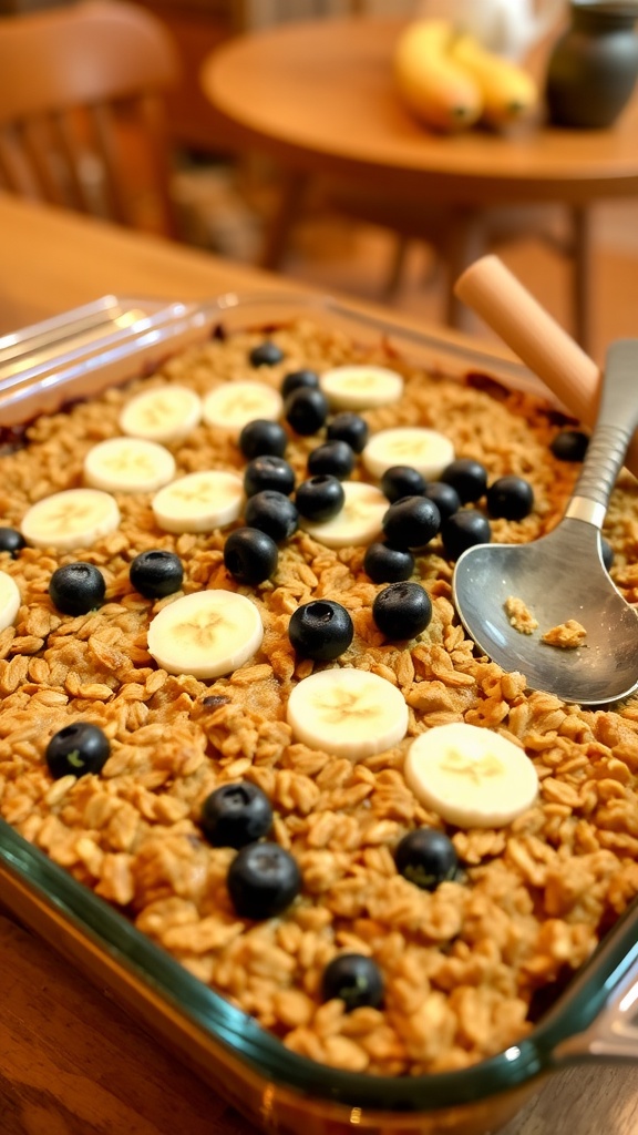 Delicious Baked Oatmeal Casserole Delicious baked oatmeal casserole with blueberries and bananas in a 9x13 dish, served in a cozy kitchen.